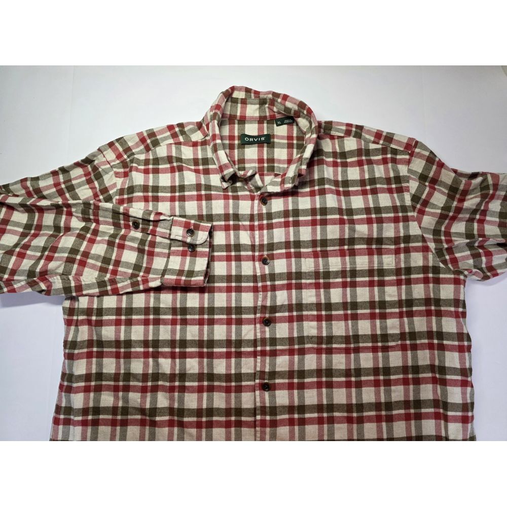 Orvis Mens Size XL Red/Brown Plaid Long Sleeve Button Down Luxury Flannel Shirt